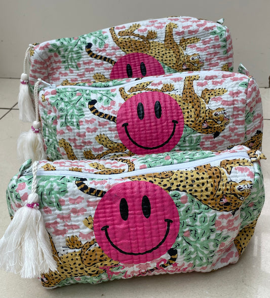 Cotton wash bag smiley face logo pale pink colourway